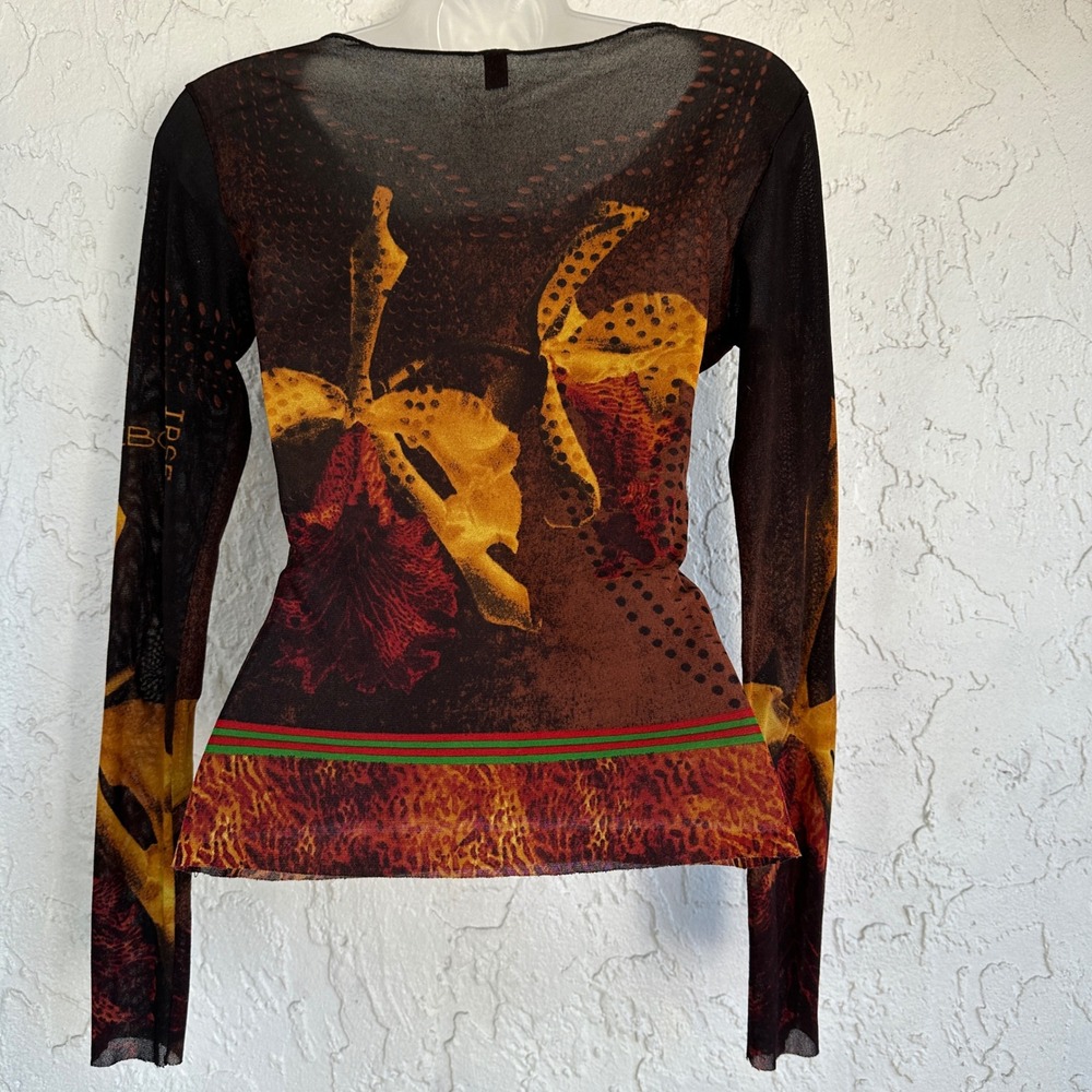 IPSE Sheer Mesh Long Sleeve Y2K Top Women Medium Abstract Floral Animal Artsy - Picture 5 of 6
